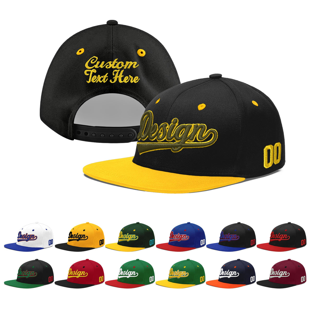 Custom Black Gold 3D Puff Embroidery Flat Embroidery Casual Sport Baseball Cap