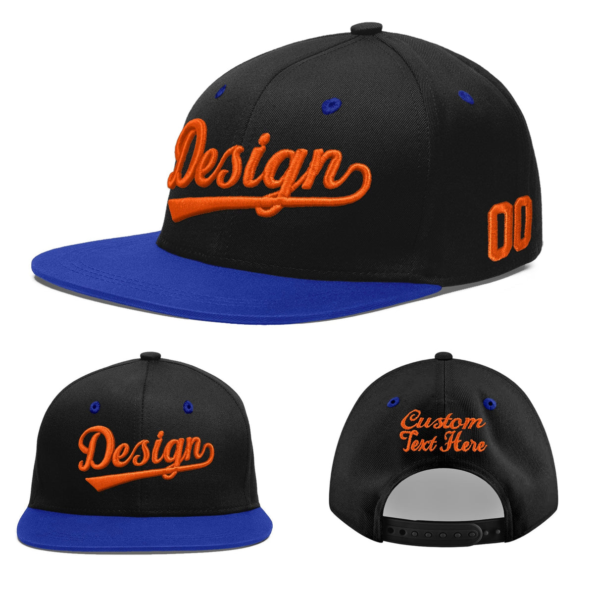 Custom Black Royal Blue 3D Puff Embroidery Flat Embroidery Casual Sport Baseball Cap