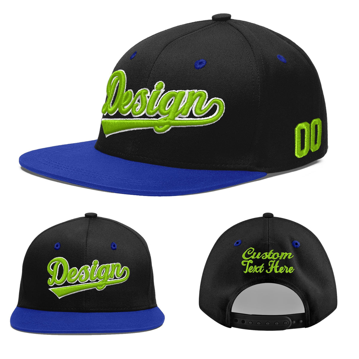 Custom Black Royal Blue 3D Puff Embroidery Flat Embroidery Casual Sport Baseball Cap