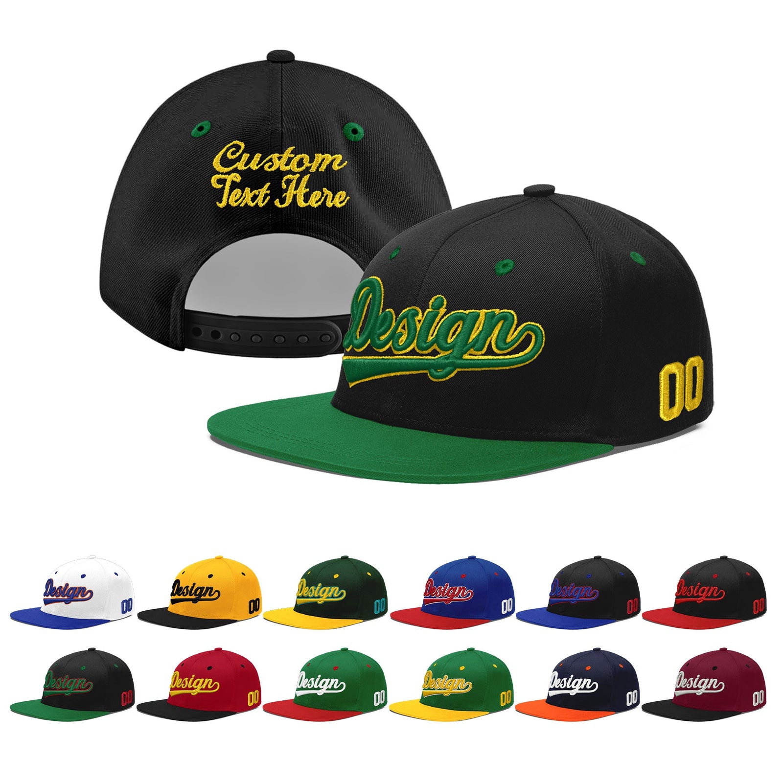 Custom Black Kelly Green 3D Puff Embroidery Flat Embroidery Casual Sport Baseball Cap