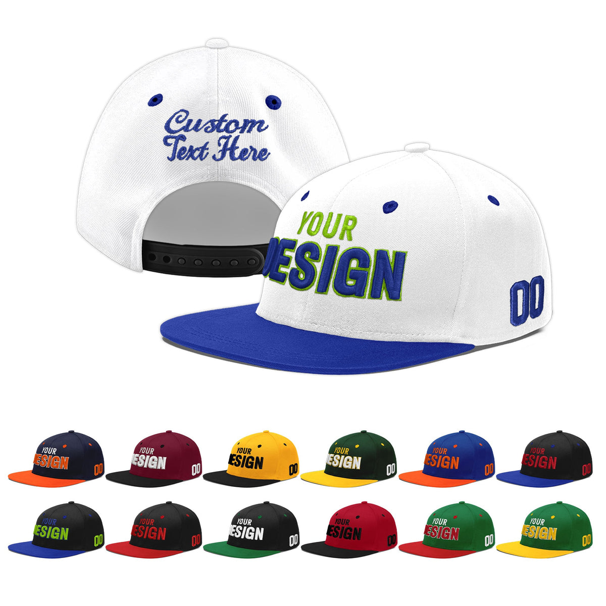 Custom White Royal Blue 83D Puff Embroidery Flat Embroidery Casual Sport Baseball Cap