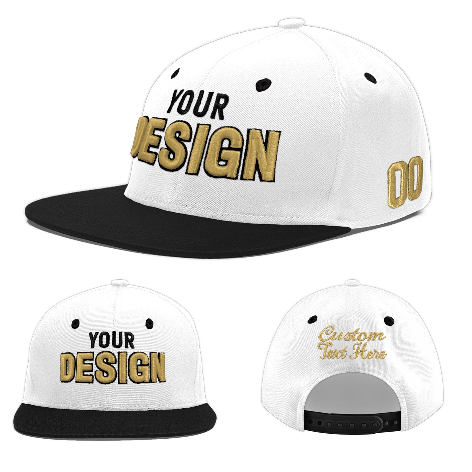 Custom White Black 3D Puff Embroidery Flat Embroidery Casual Sport Baseball Cap