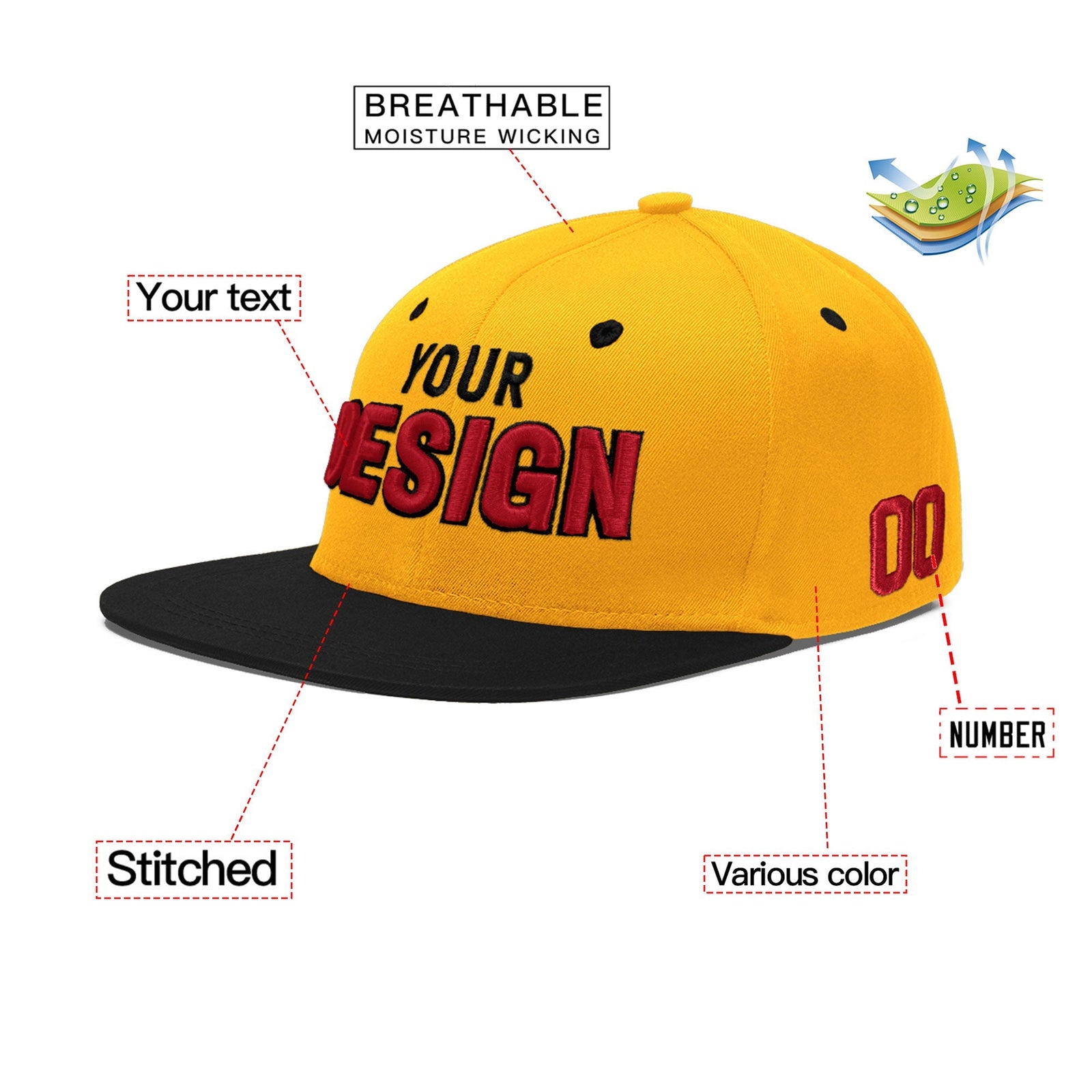 Custom Gold Black 69D Puff Embroidery Flat Embroidery Casual Sport Baseball Cap