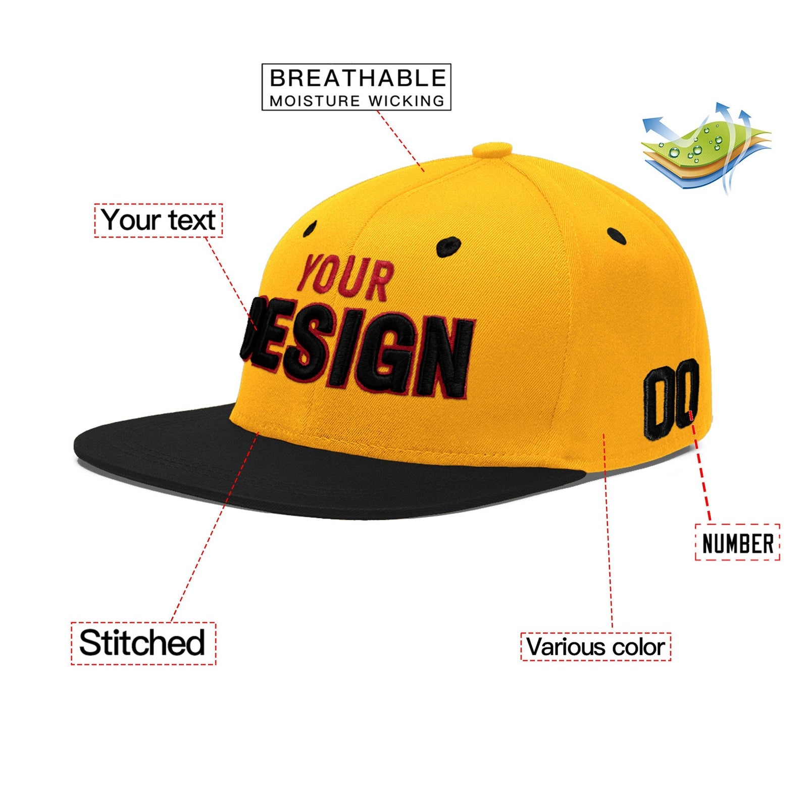 Custom Gold Black 77D Puff Embroidery Flat Embroidery Casual Sport Baseball Cap