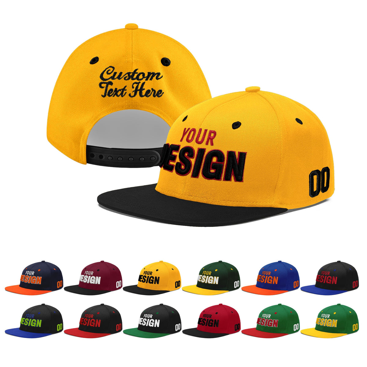 Custom Gold Black 75D Puff Embroidery Flat Embroidery Casual Sport Baseball Cap