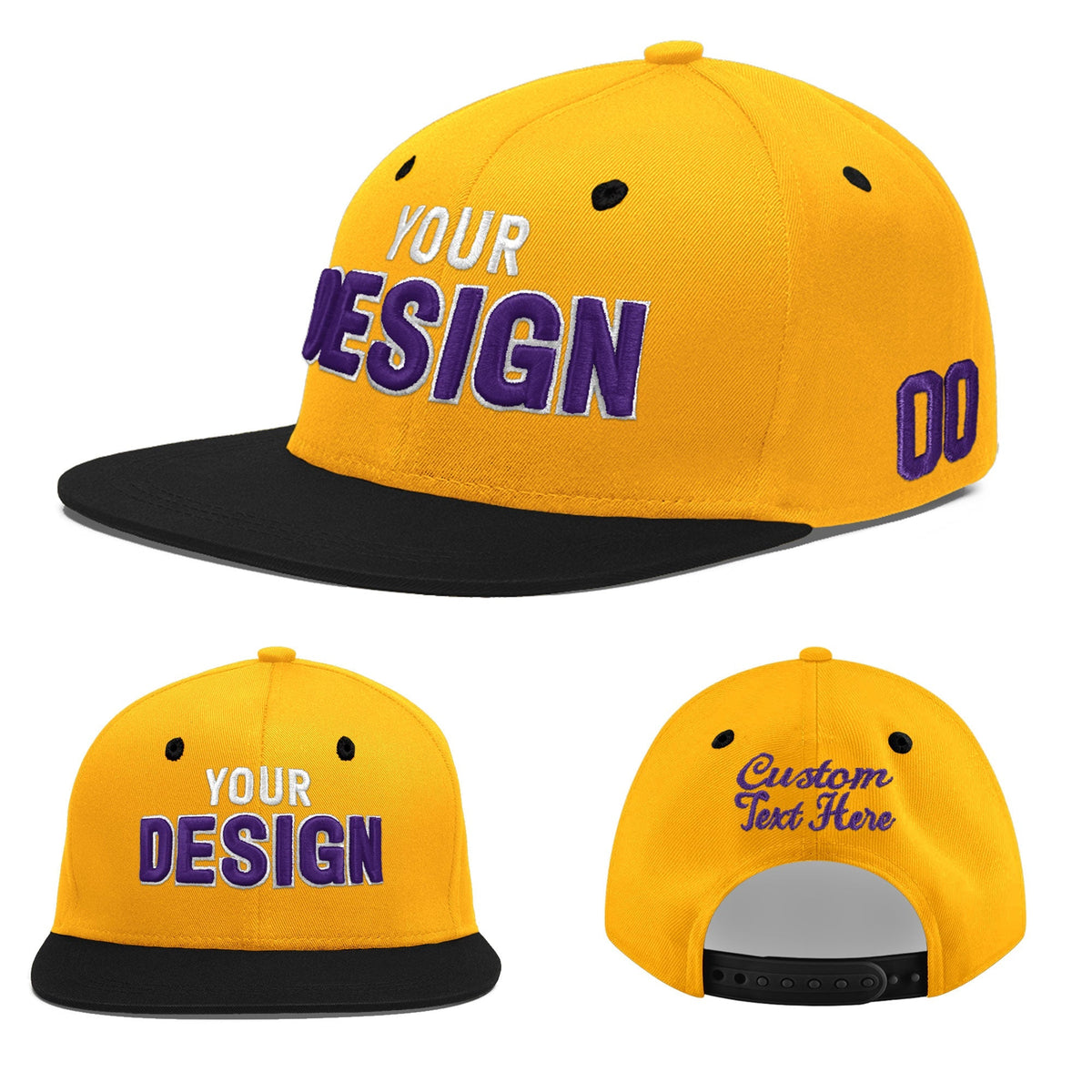 Custom Gold Black 84D Puff Embroidery Flat Embroidery Casual Sport Baseball Cap