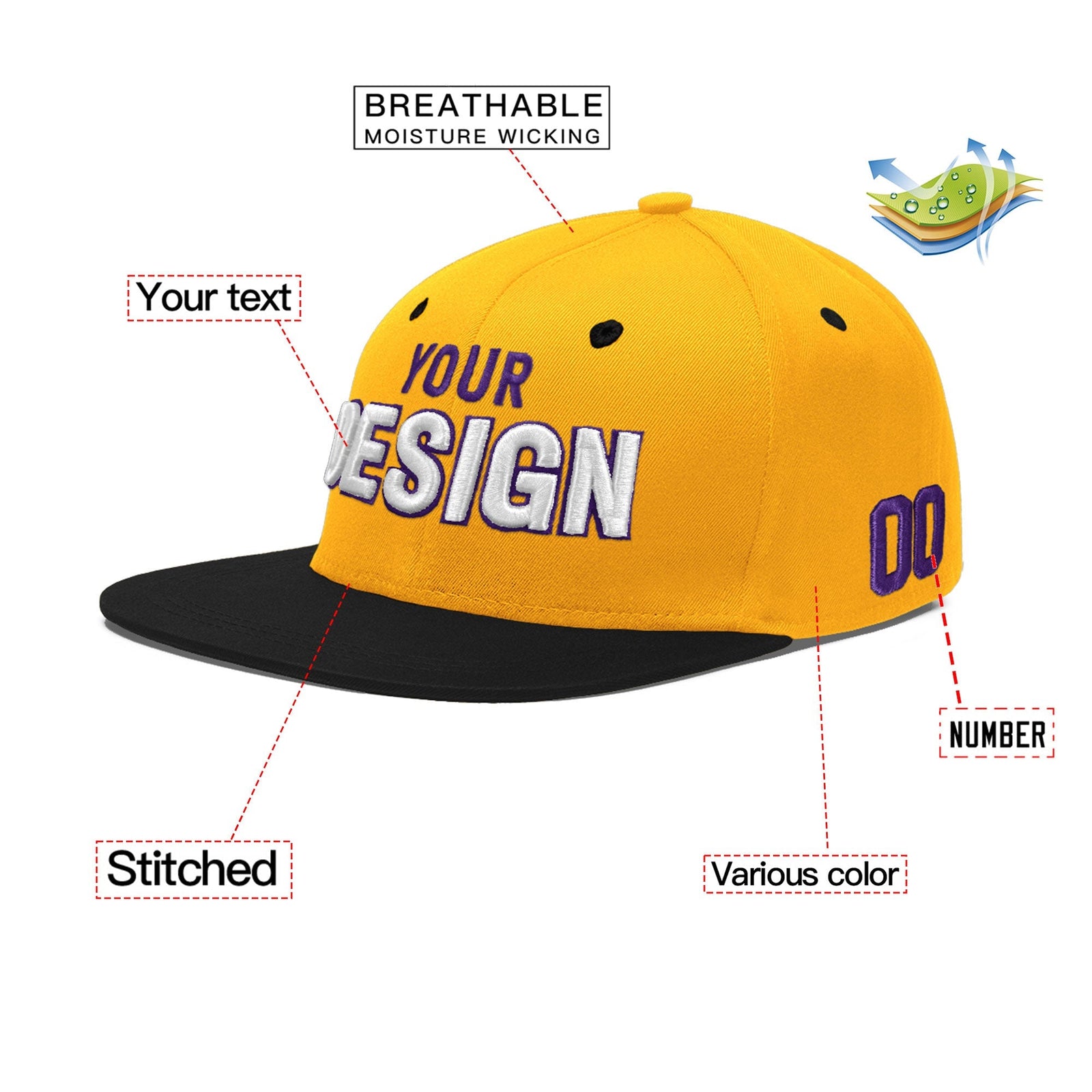 Custom Gold Black 93D Puff Embroidery Flat Embroidery Casual Sport Baseball Cap