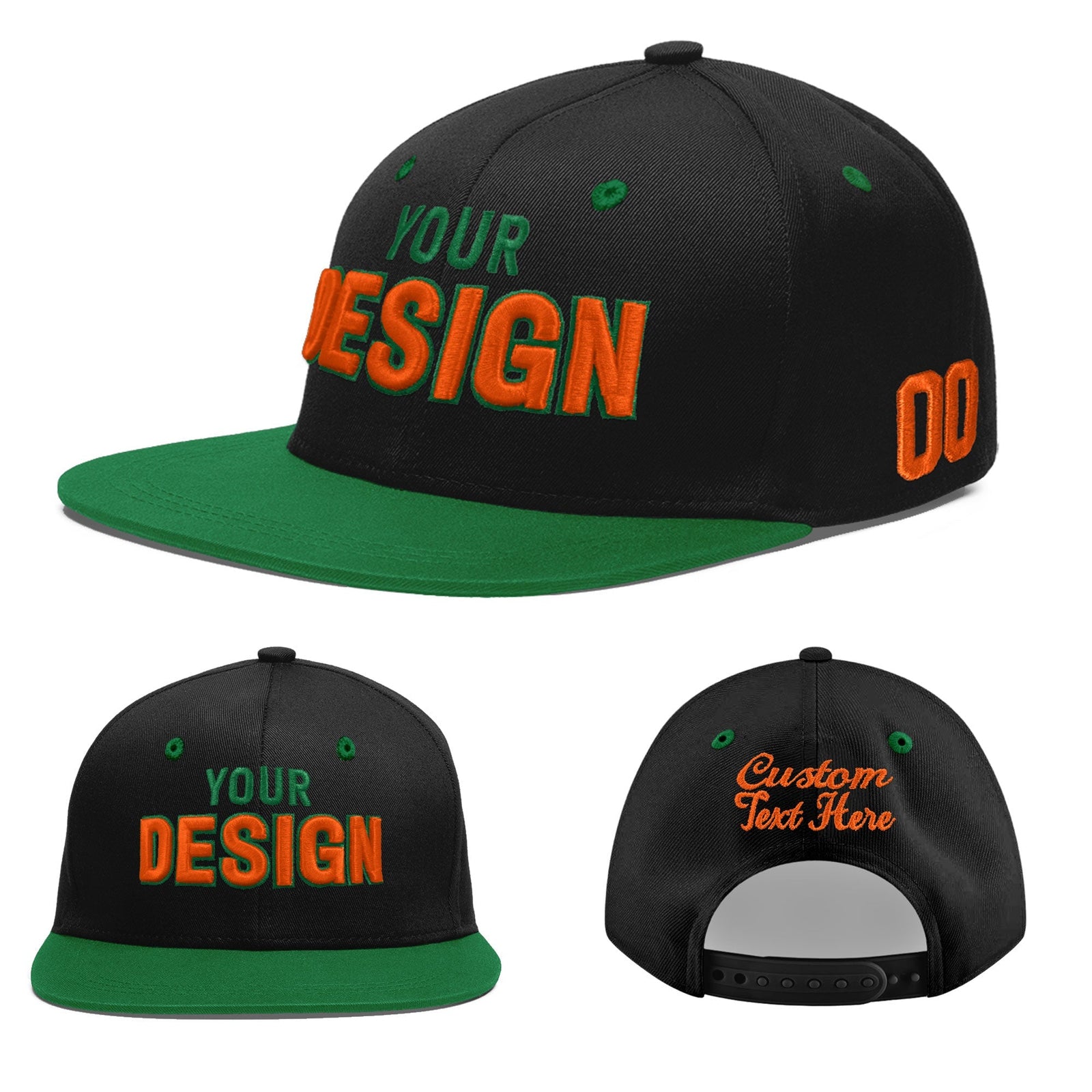 Custom Black Kelly Green 3D Puff Embroidery Flat Embroidery Casual Sport Baseball Cap