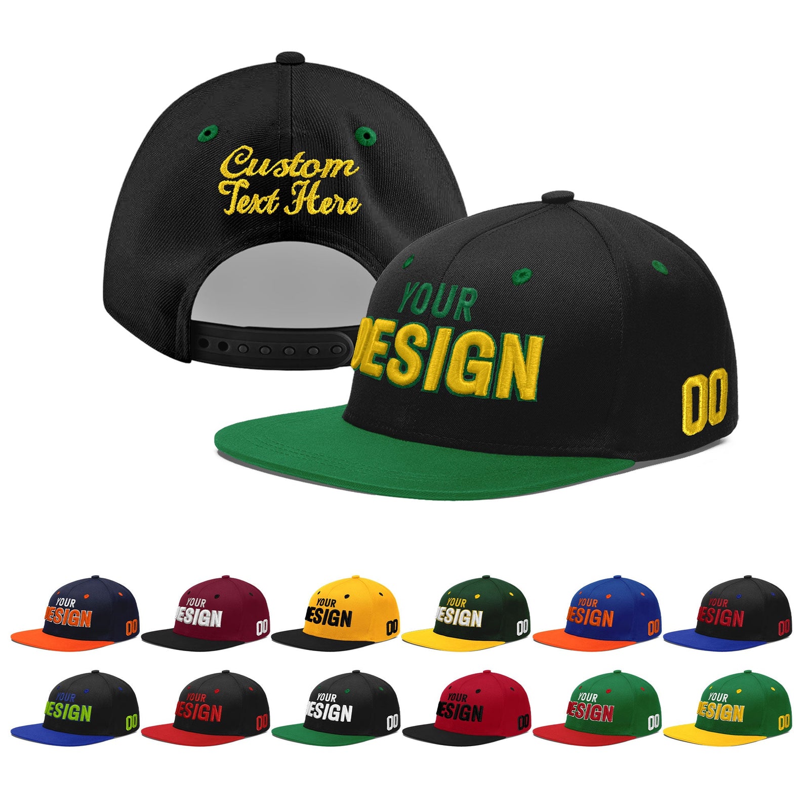 Custom Black Kelly Green 3D Puff Embroidery Flat Embroidery Casual Sport Baseball Cap
