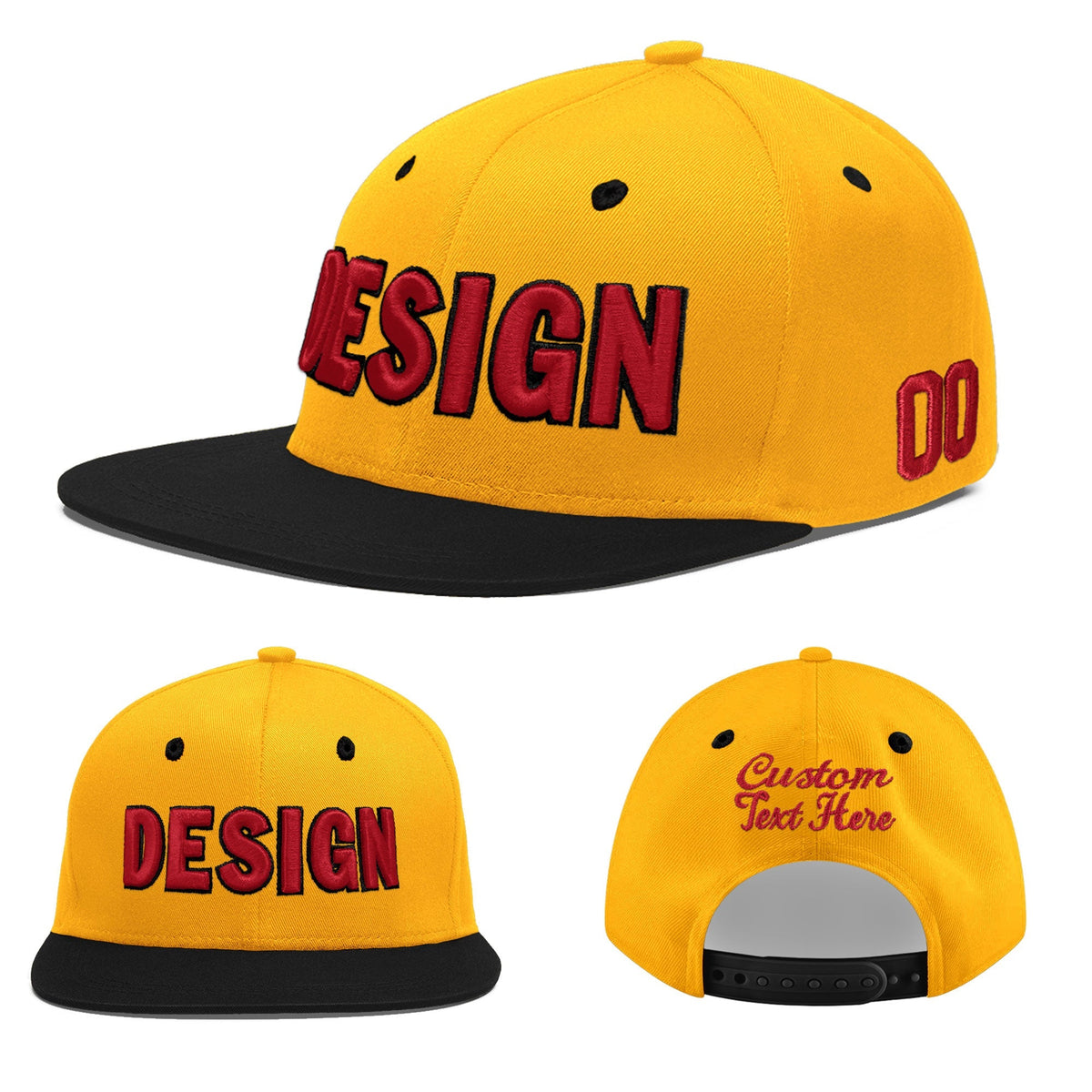Custom Gold Black 36D Puff Embroidery Flat Embroidery Casual Sport Baseball Cap