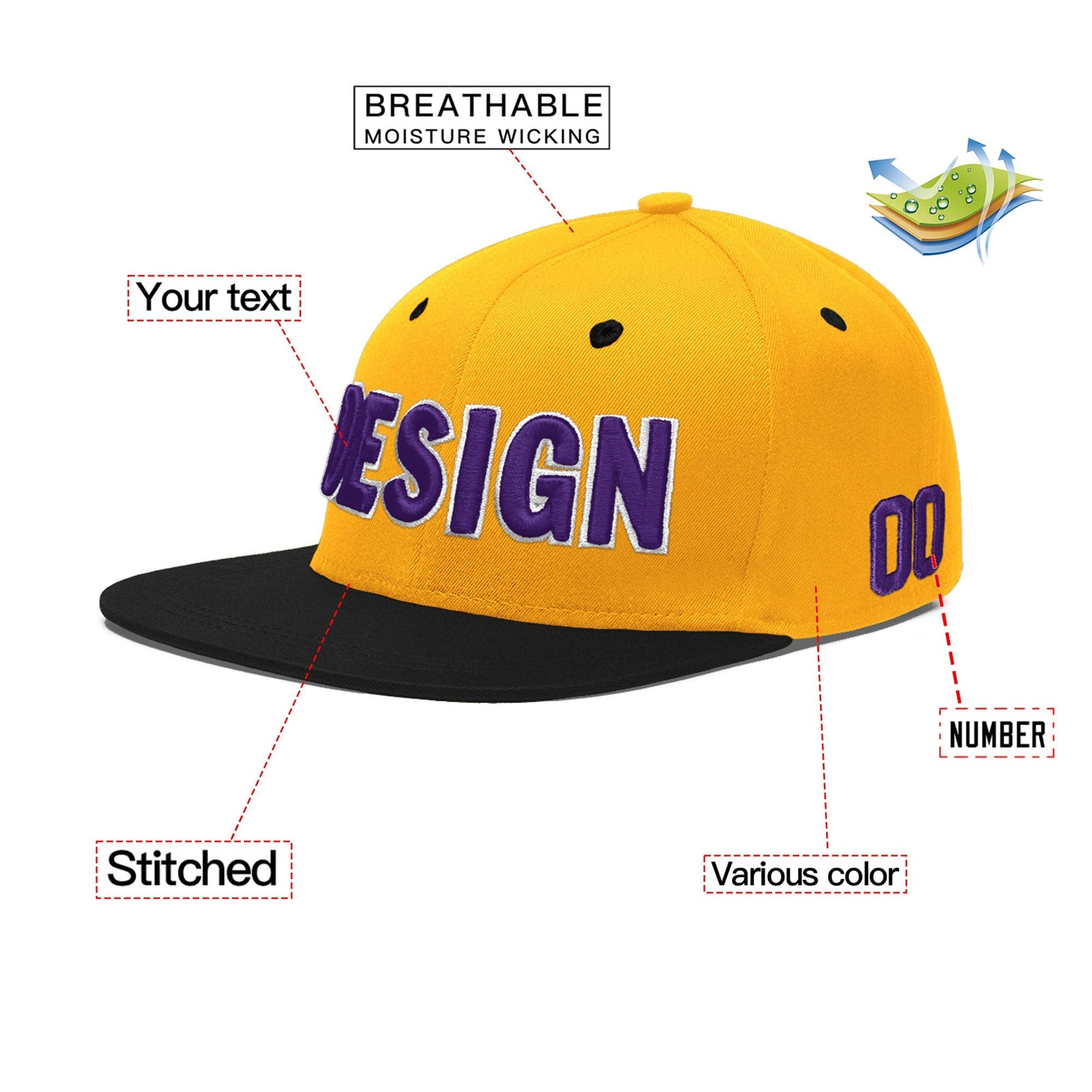 Custom Gold Black 53D Puff Embroidery Flat Embroidery Casual Sport Baseball Cap