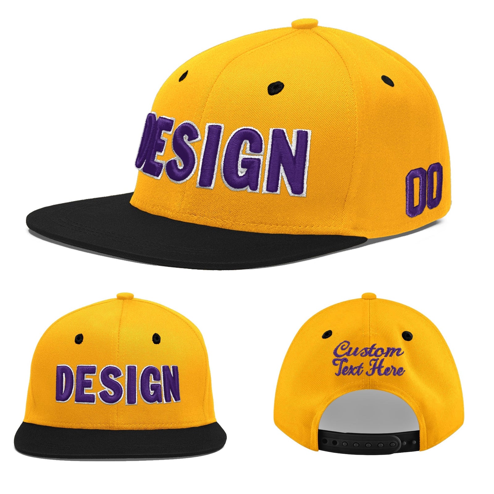 Custom Gold Black 52D Puff Embroidery Flat Embroidery Casual Sport Baseball Cap