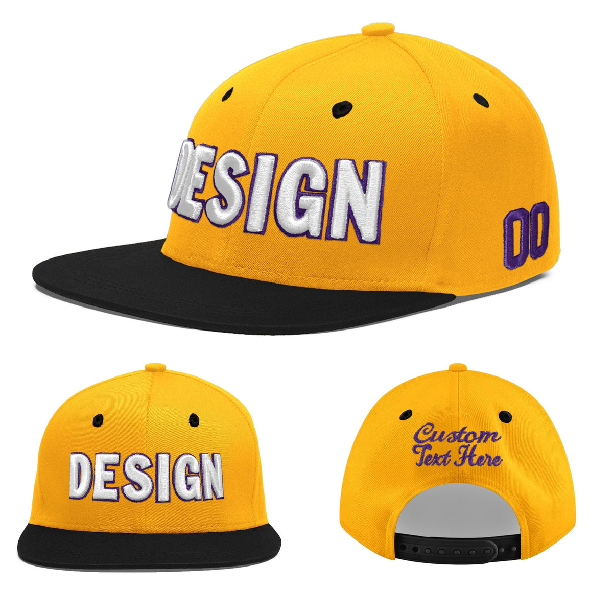 Custom Gold Black 60D Puff Embroidery Flat Embroidery Casual Sport Baseball Cap