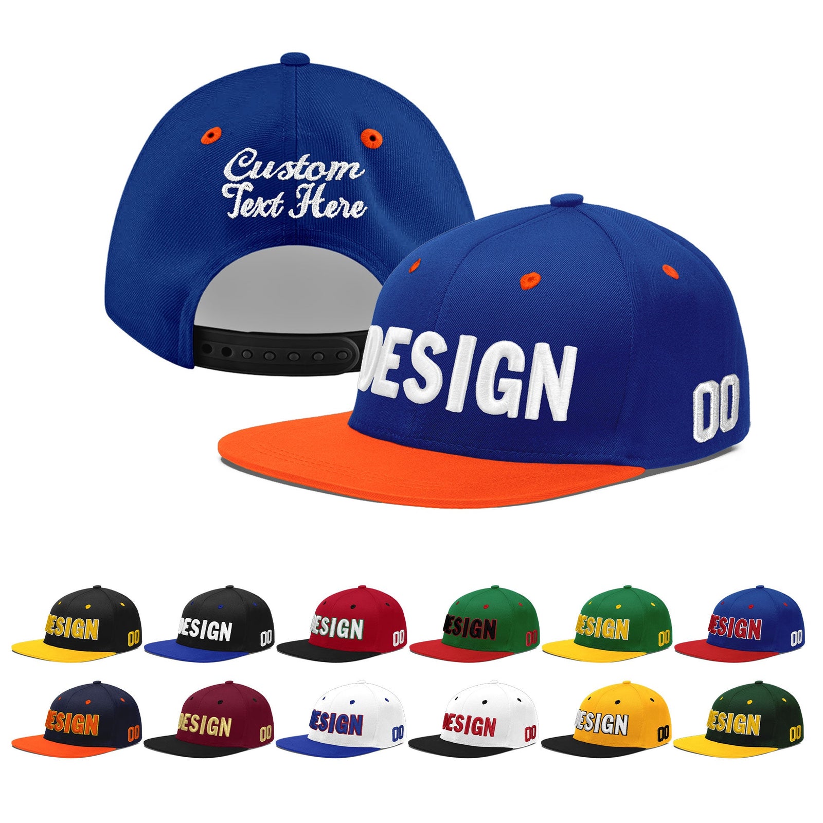 Custom Royal Blue Orange 3D Puff Embroidery Flat Embroidery Casual Sport Baseball Cap