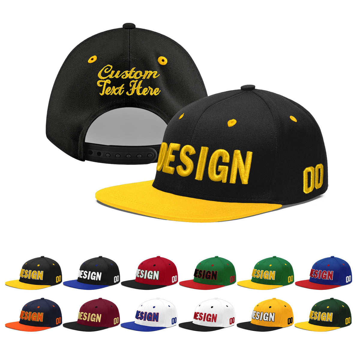 Custom Black Gold 3D Puff Embroidery Flat Embroidery Casual Sport Baseball Cap