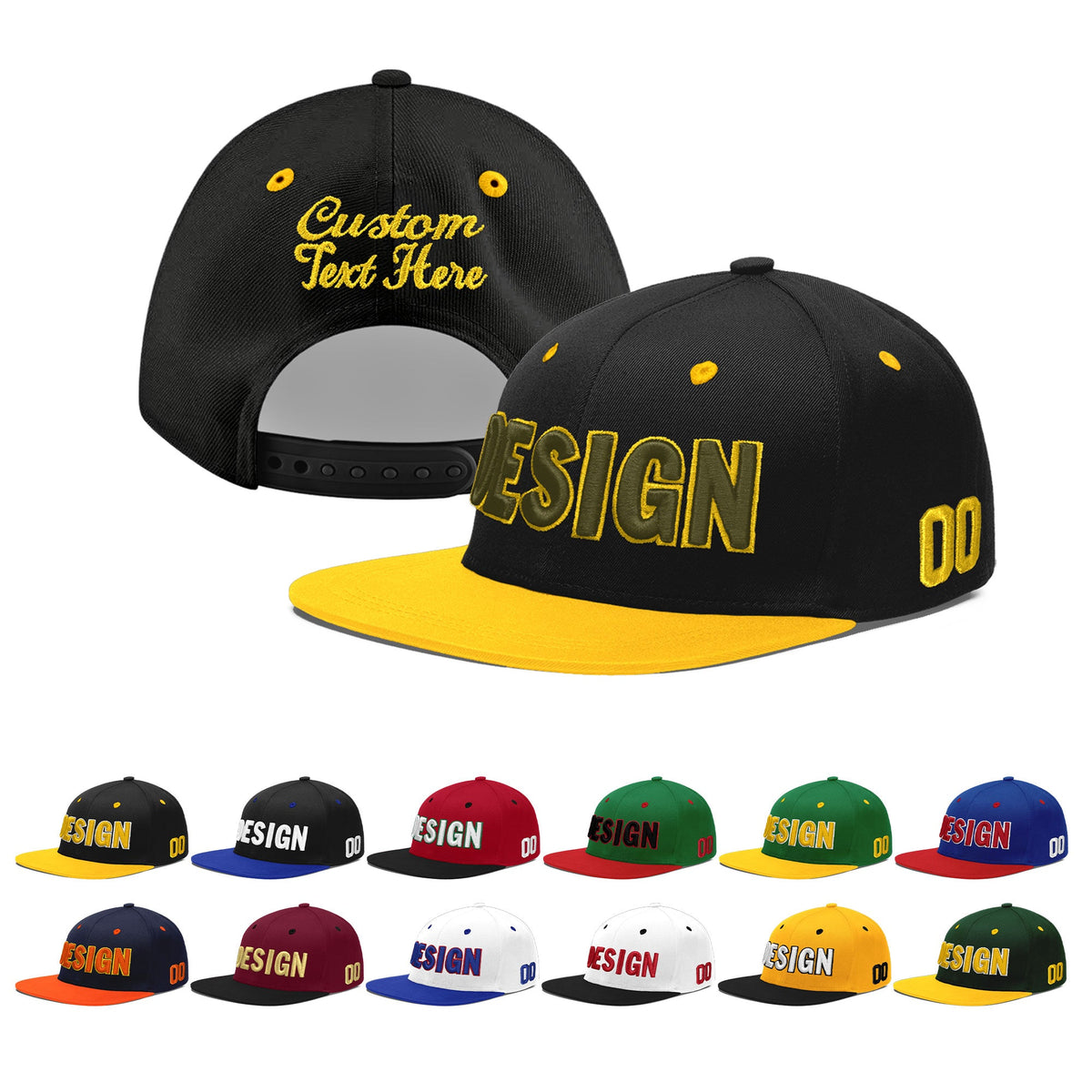 Custom Black Gold 3D Puff Embroidery Flat Embroidery Casual Sport Baseball Cap