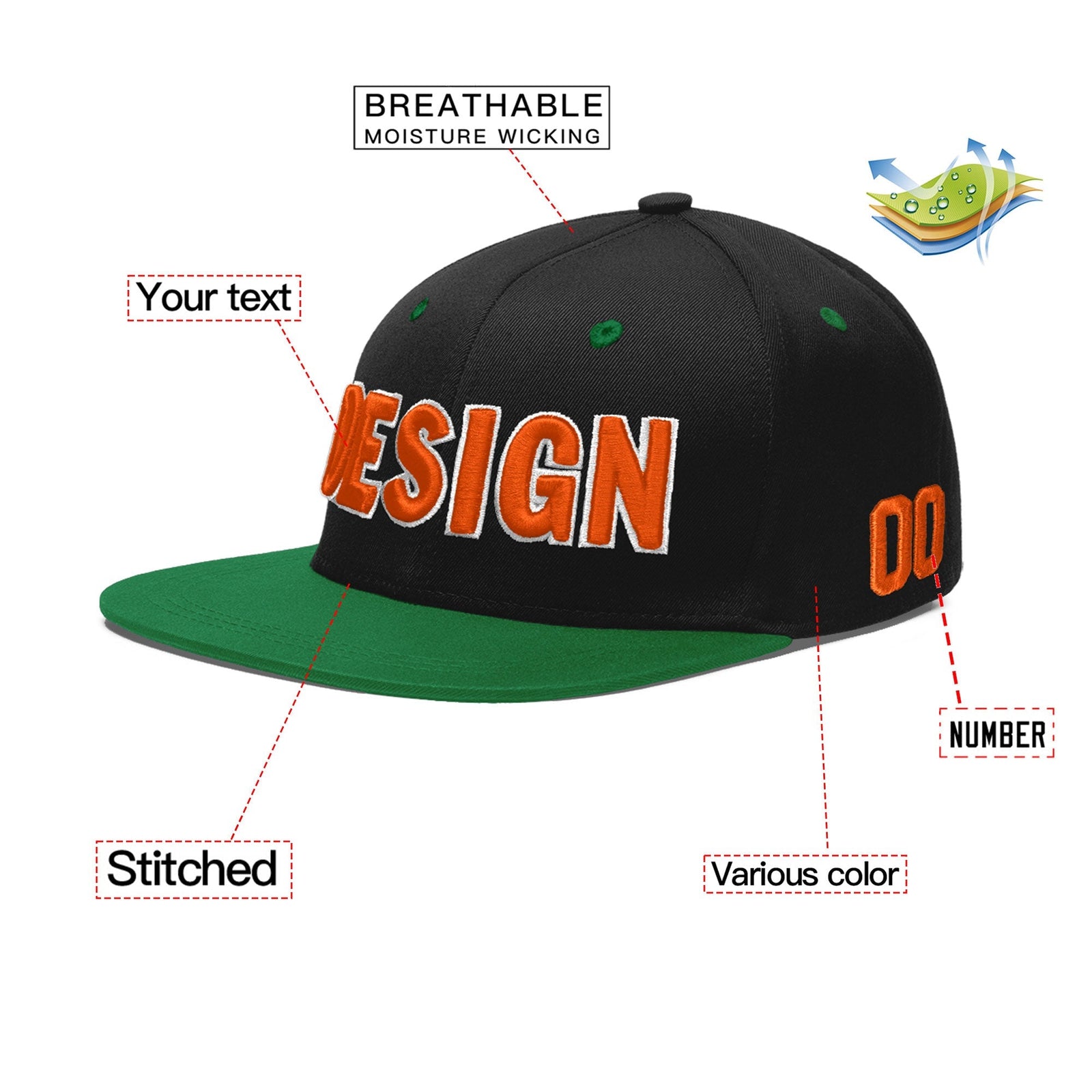 Custom Black Kelly Green 3D Puff Embroidery Flat Embroidery Casual Sport Baseball Cap