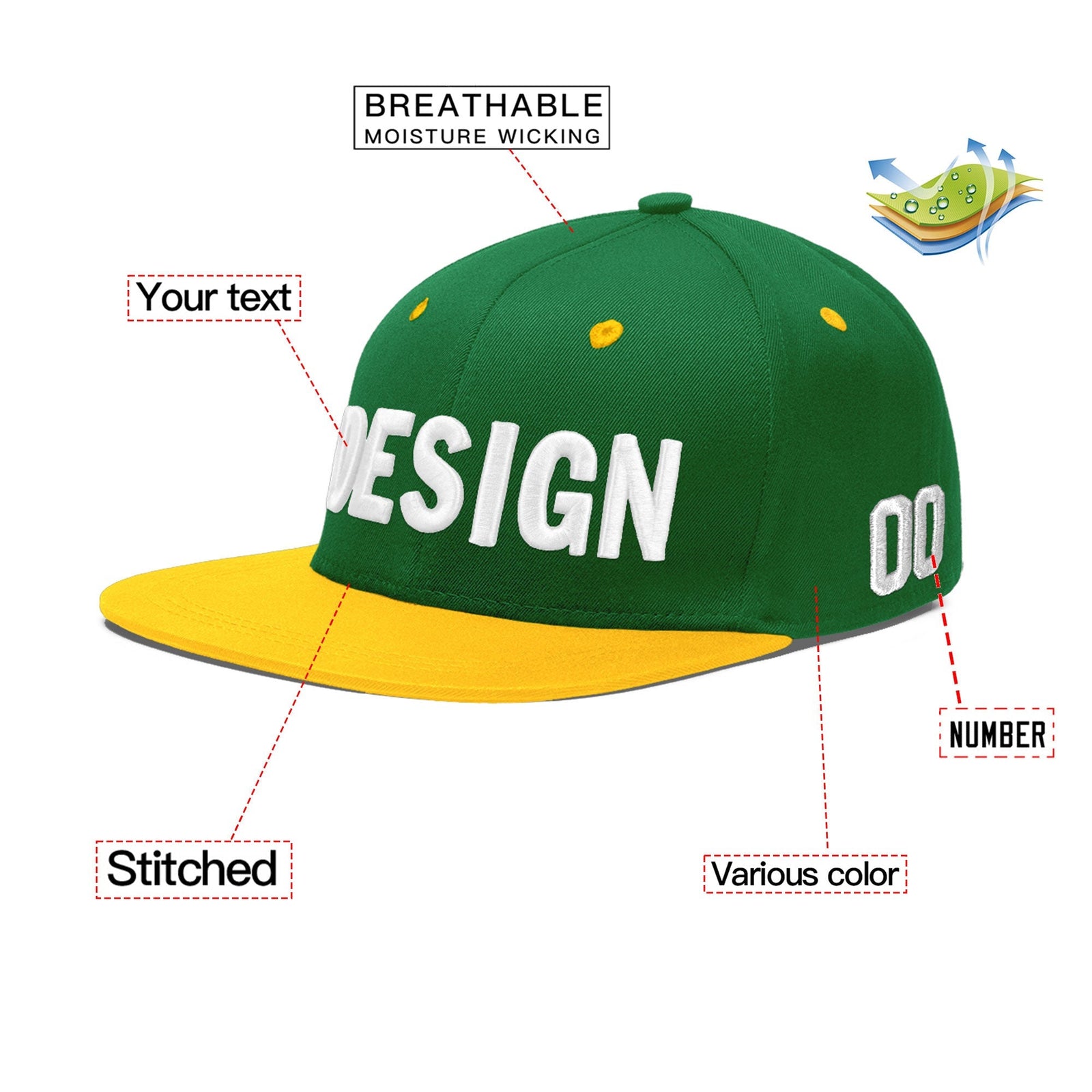 Custom Kelly Green Gold 3D Puff Embroidery Flat Embroidery Casual Sport Baseball Cap