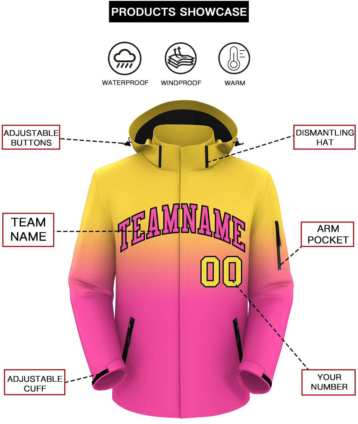 Custom Yellow Pink Gradient Fashion Outdoor Hooded Waterproof Jacket