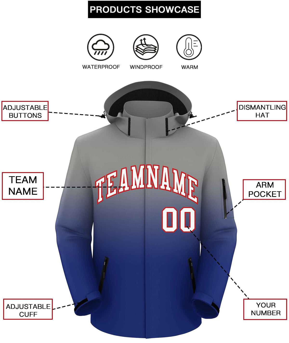 Custom Gray Royal Gradient Fashion Outdoor Hooded Waterproof Jacket