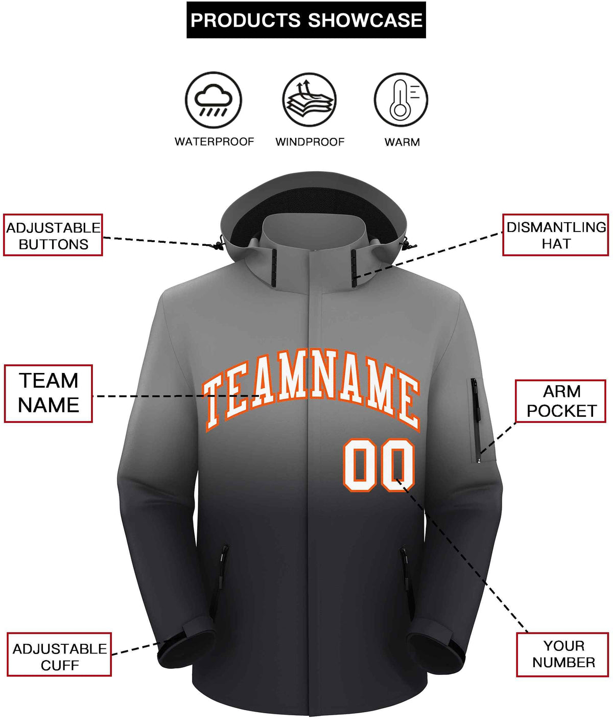 Custom Gray Dark Gray Gradient Fashion Outdoor Hooded Waterproof Jacket