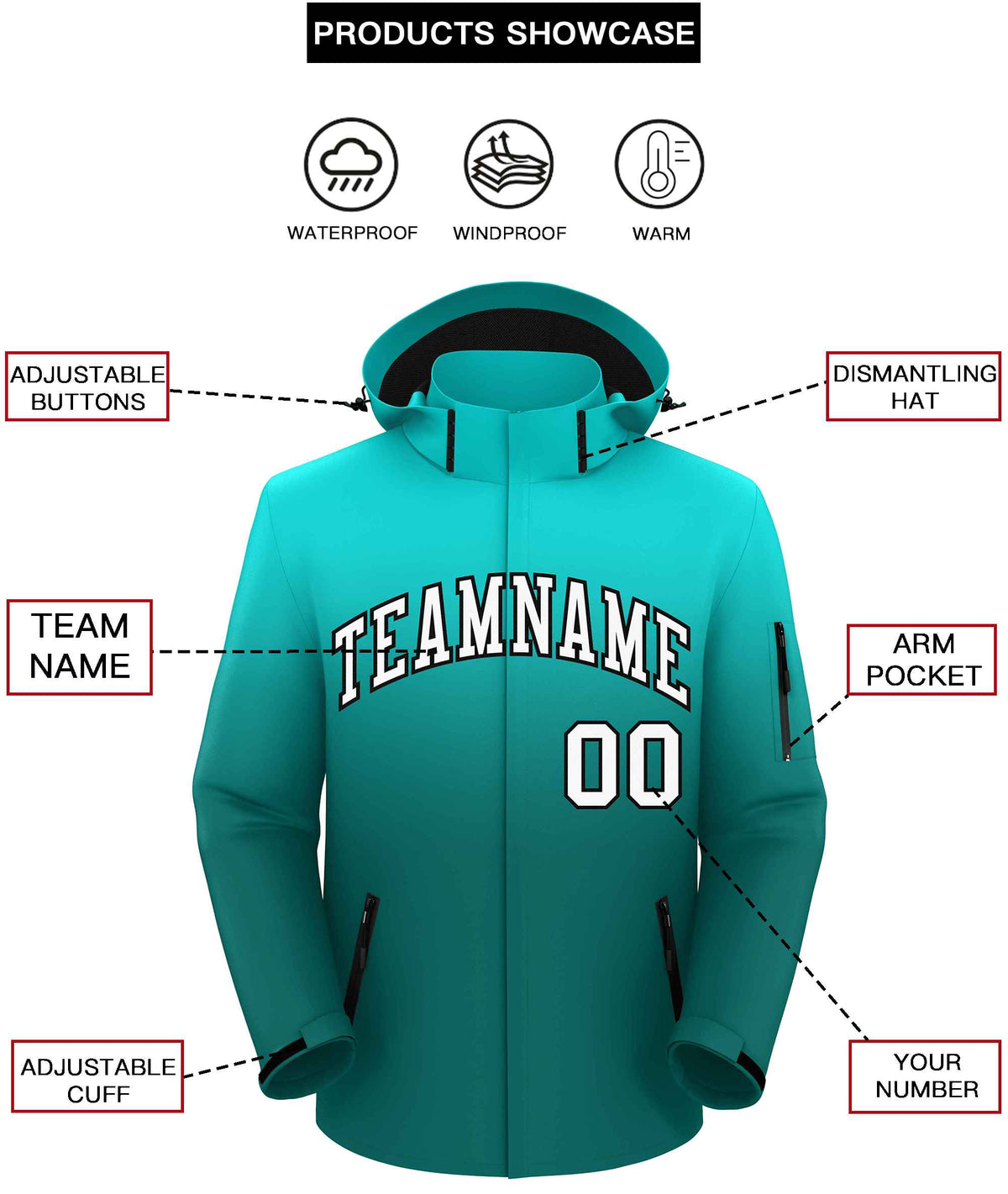 Custom Light Green Aqua Gradient Fashion Outdoor Hooded Waterproof Jacket