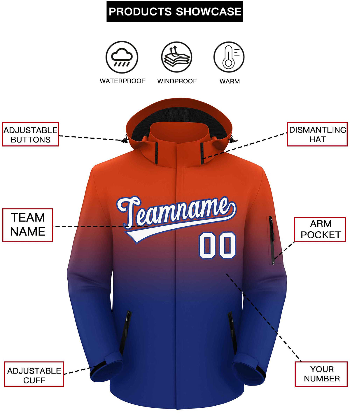 Custom Orange Royal Gradient Fashion Outdoor Hooded Waterproof Jacket