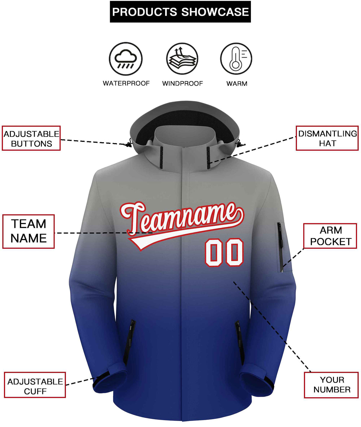 Custom Gray Royal Gradient Fashion Outdoor Hooded Waterproof Jacket