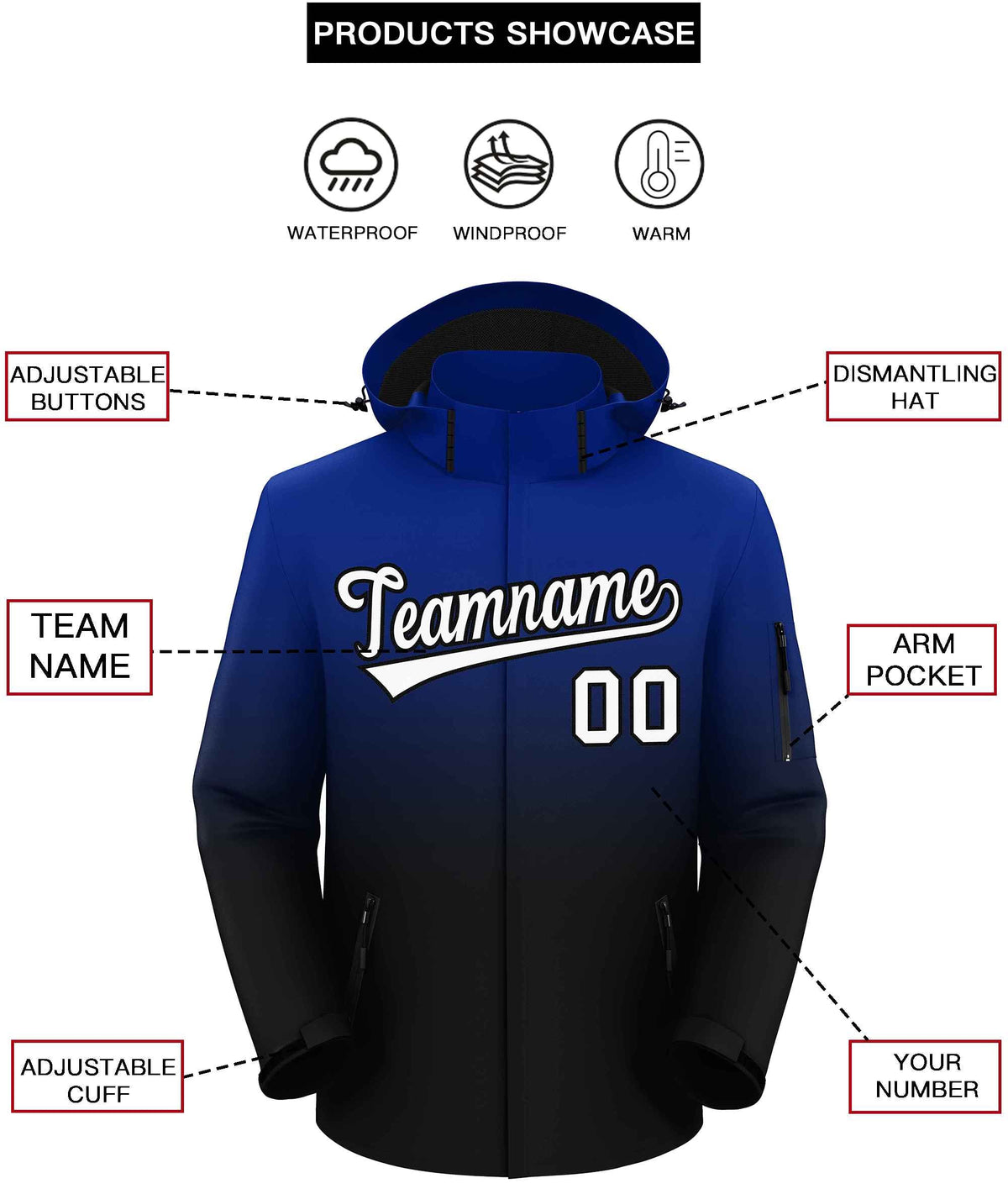 Custom Royal Black Gradient Fashion Outdoor Hooded Waterproof Jacket
