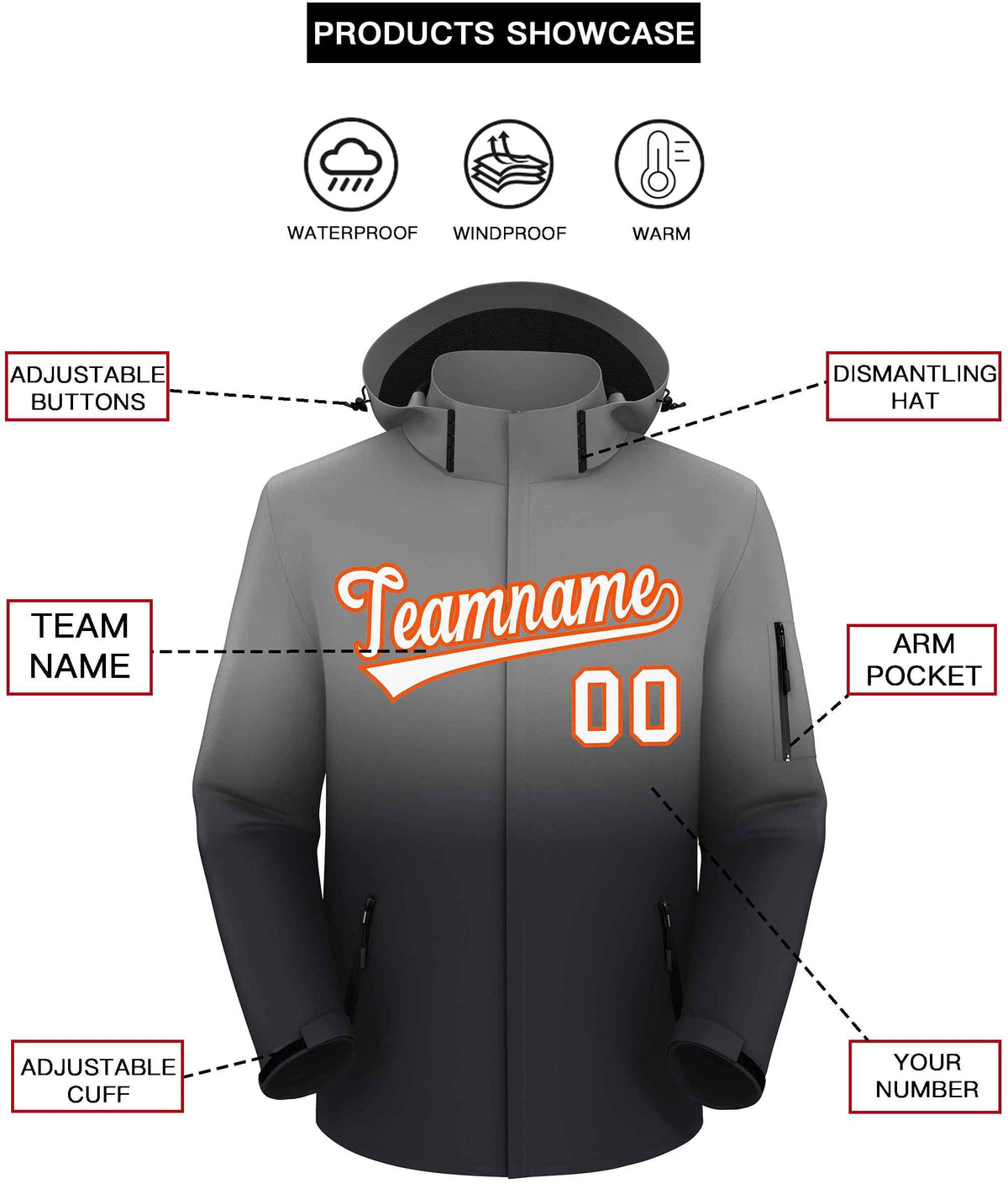 Custom Gray Dark Gray Gradient Fashion Outdoor Hooded Waterproof Jacket