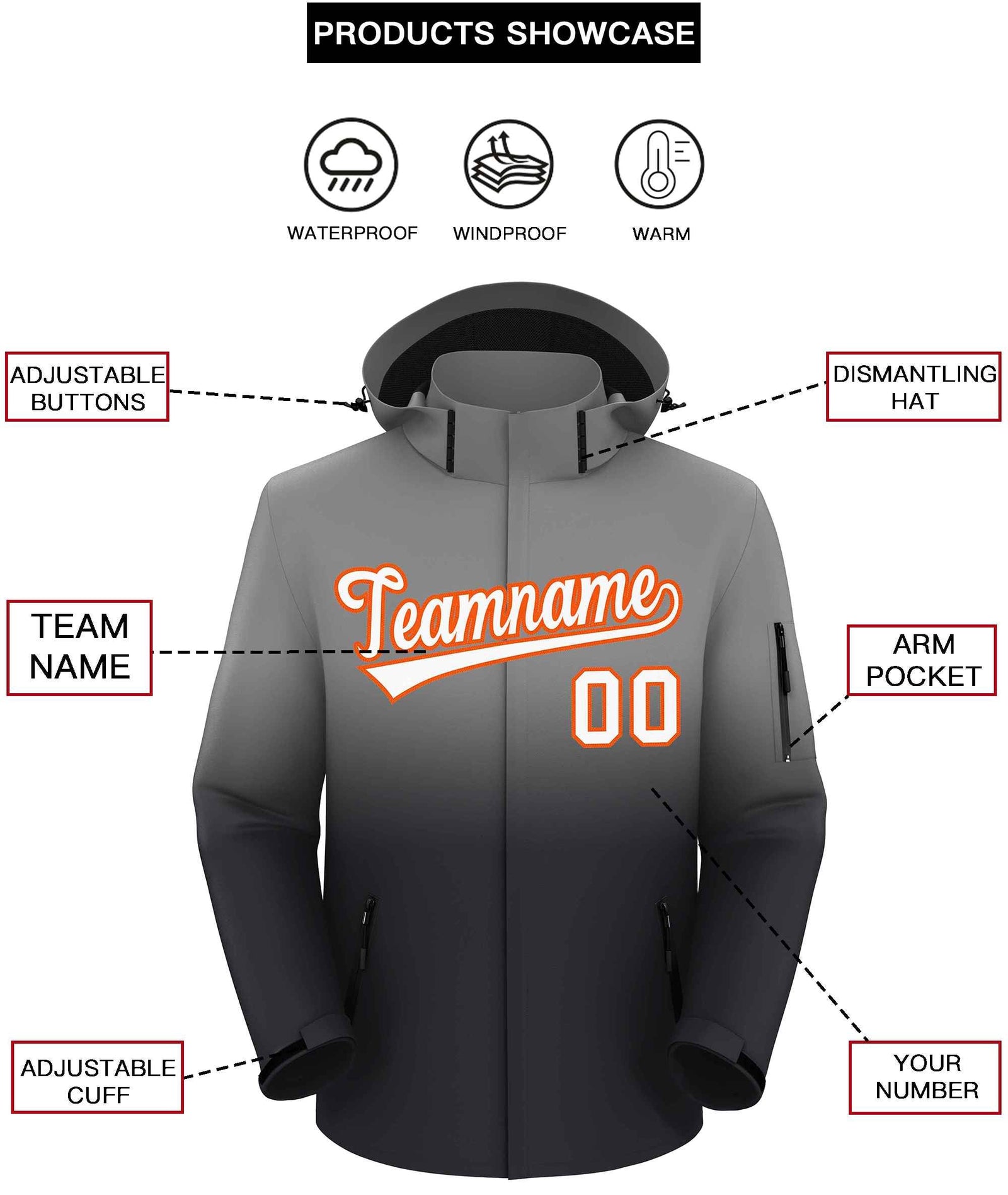 Custom Gray Dark Gray Gradient Fashion Outdoor Hooded Waterproof Jacket