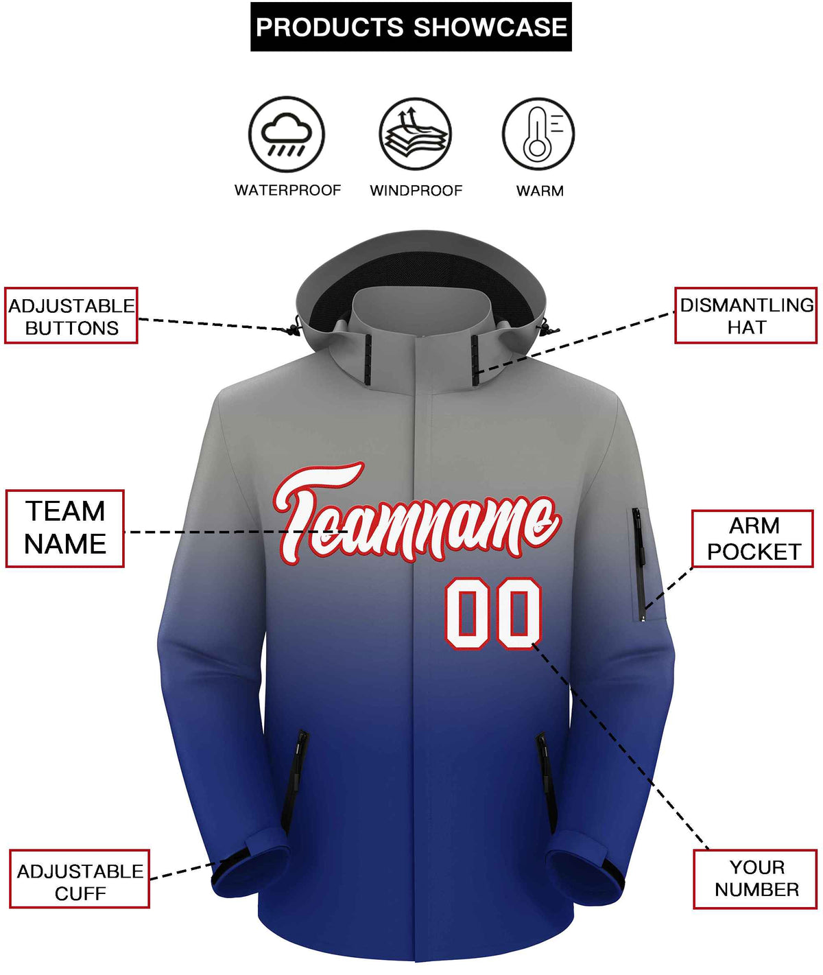 Custom Gray Royal Gradient Fashion Outdoor Hooded Waterproof Jacket