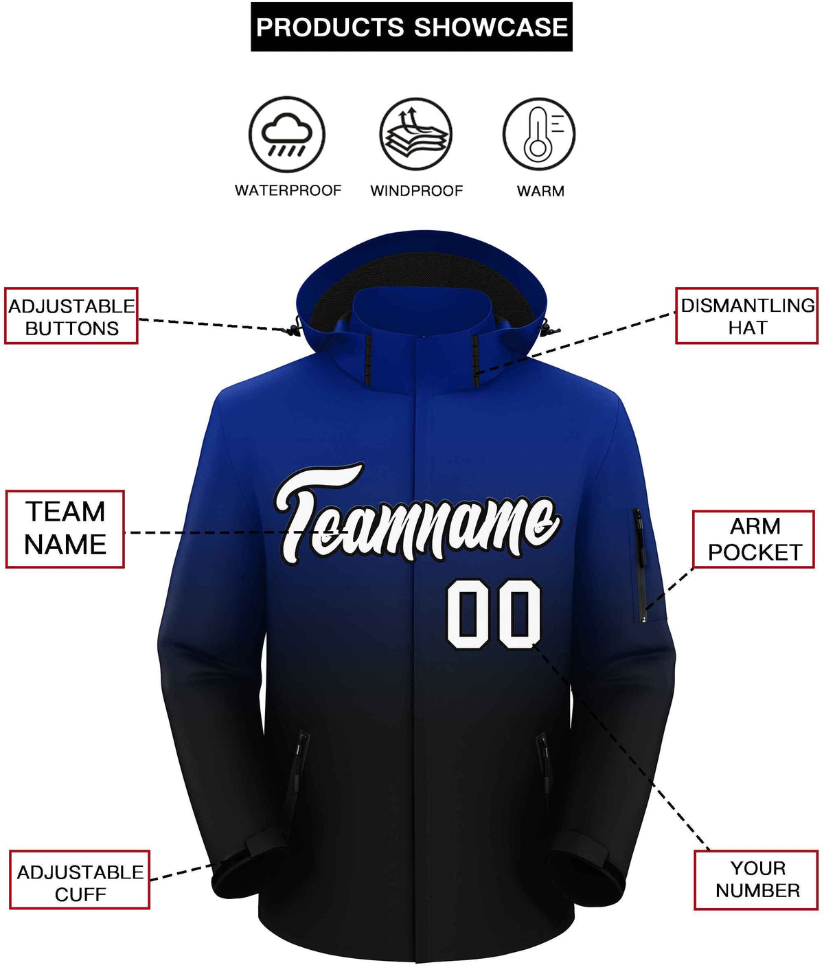 Custom Royal Black Gradient Fashion Outdoor Hooded Waterproof Jacket