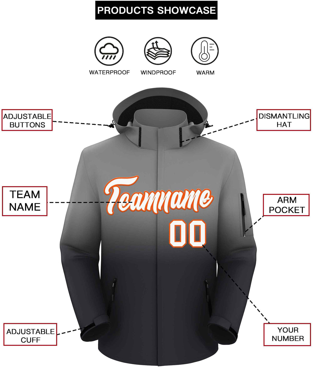 Custom Gray Dark Gray Gradient Fashion Outdoor Hooded Waterproof Jacket