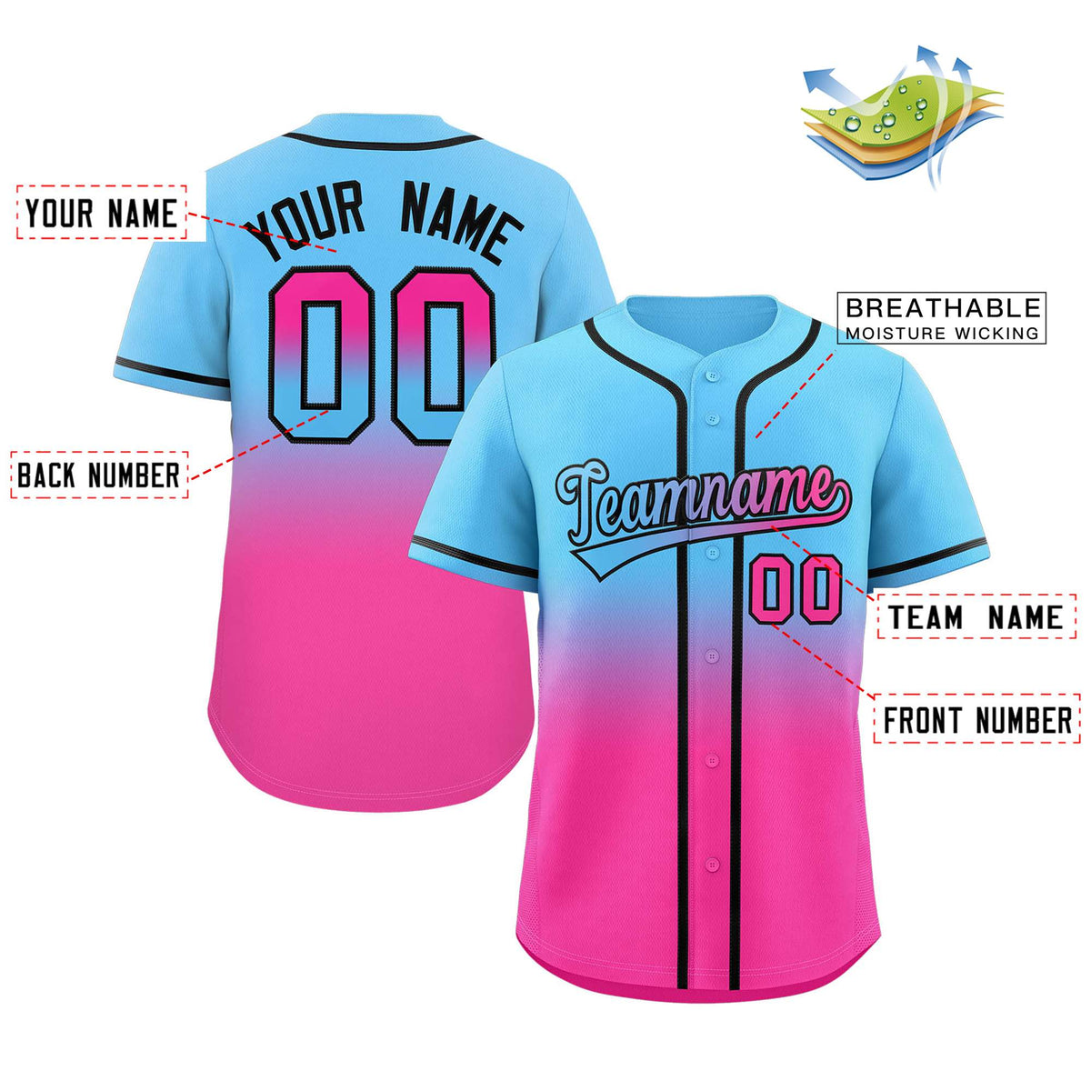 custom blue&amp;pink gradient baseball jersey 