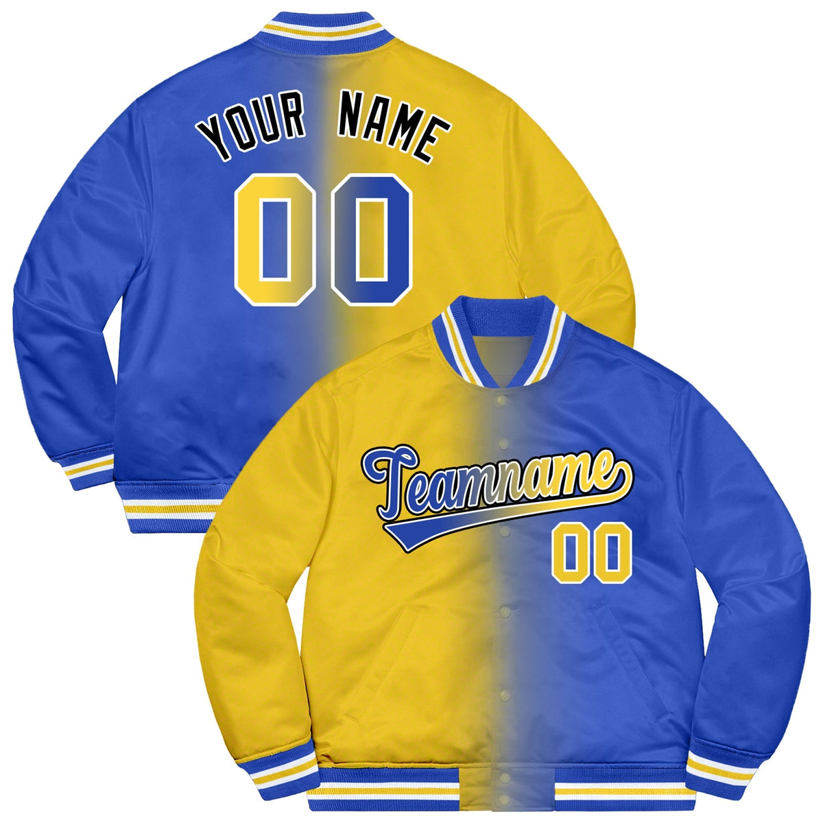 Custom Royal Gold-White Two Tone Gradient Fashion Letterman Bomber Varsity Jacket