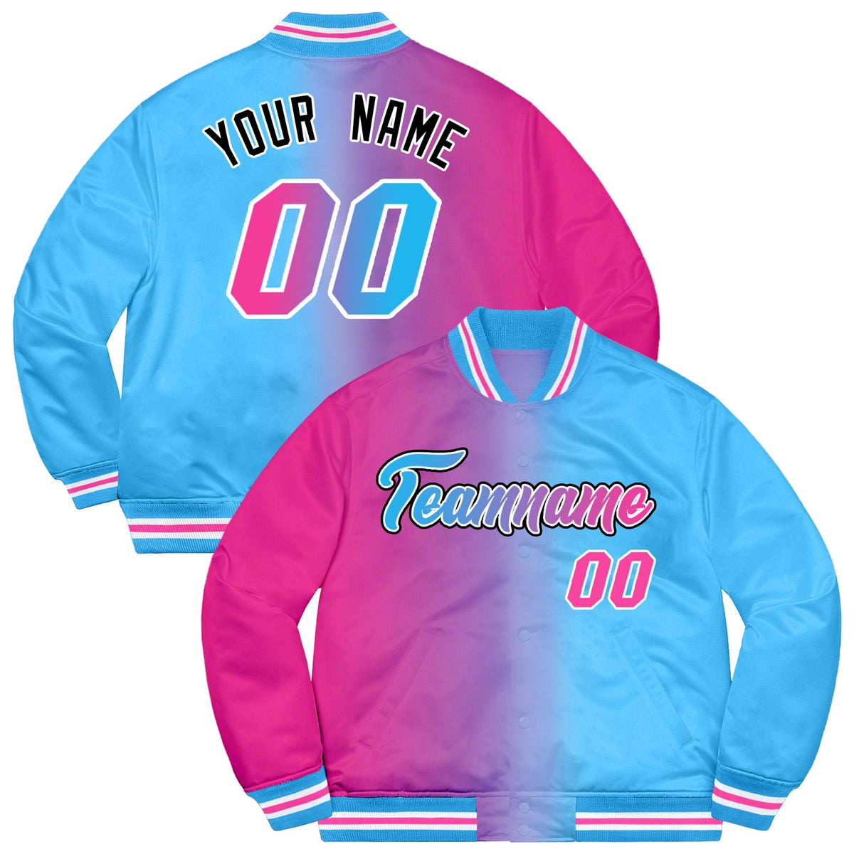 Custom Powder Blue Pink-Black Two Tone Gradient Fashion Full-Snap Letterman Jacket