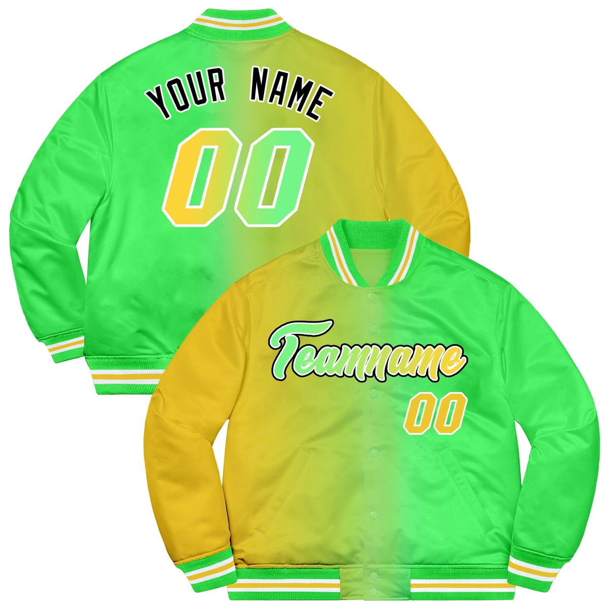 Custom Neon Green Gold-Black Two Tone Gradient Fashion Varsity Full-Snap Jacket