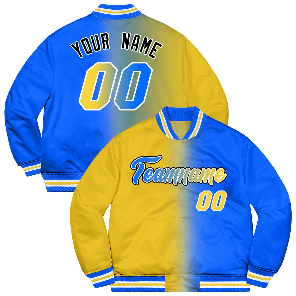 Custom Powder Blue Gold-Black Two Tone Gradient Fashion Varsity Baseball Jacket
