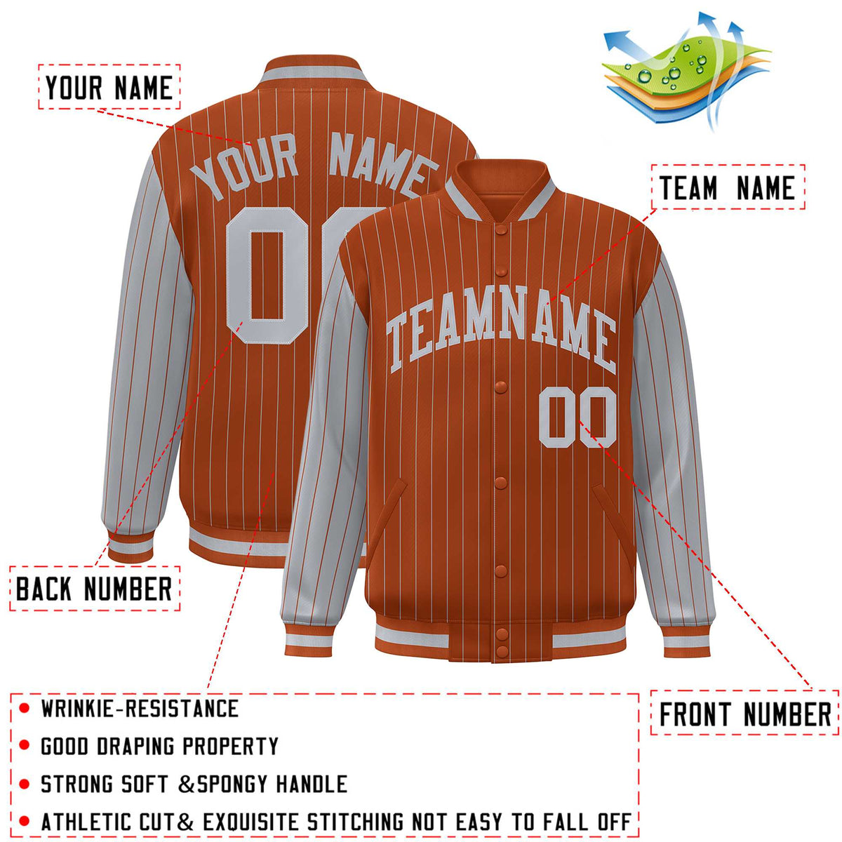 Custom Texas Orange Gray Raglan Sleeves Varsity Full-Snap Pinstripe Letterman Baseball Jacket