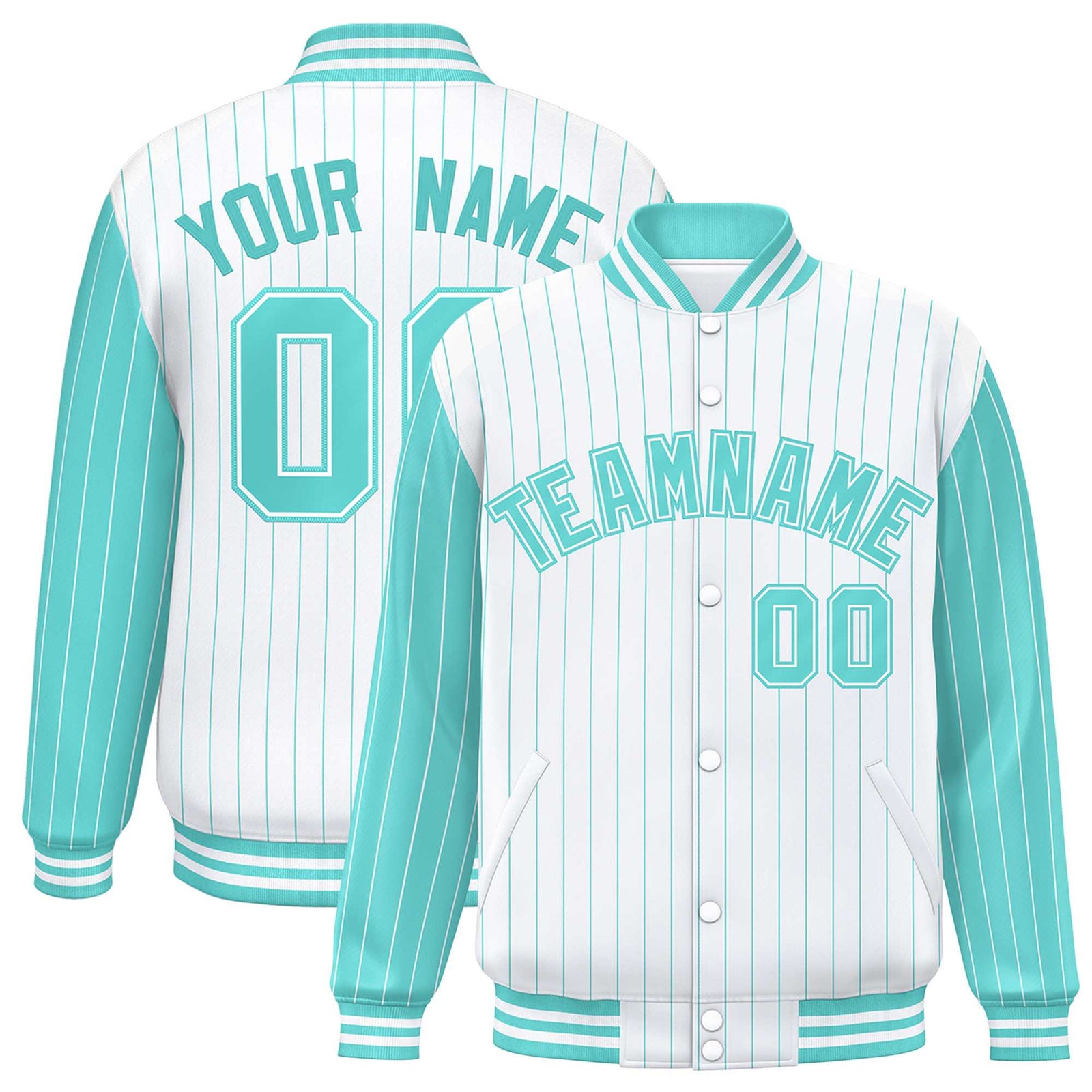 Custom White Bright Green Raglan Sleeves Varsity Full-Snap Pinstripe Letterman Baseball Jacket
