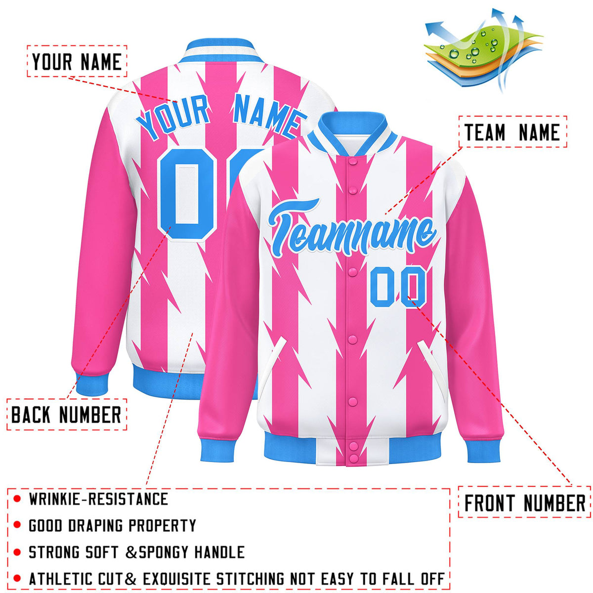 Custom White White Varsity Full-Snap Blade Pattern Raglan Sleeves Letterman Baseball Jacket