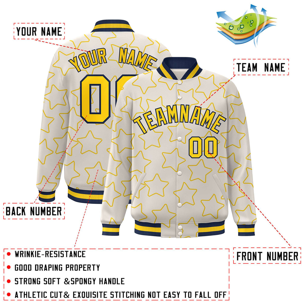 Custom Cream Gold Varsity Full-Snap Star Pattern Letterman Baseball Jacket