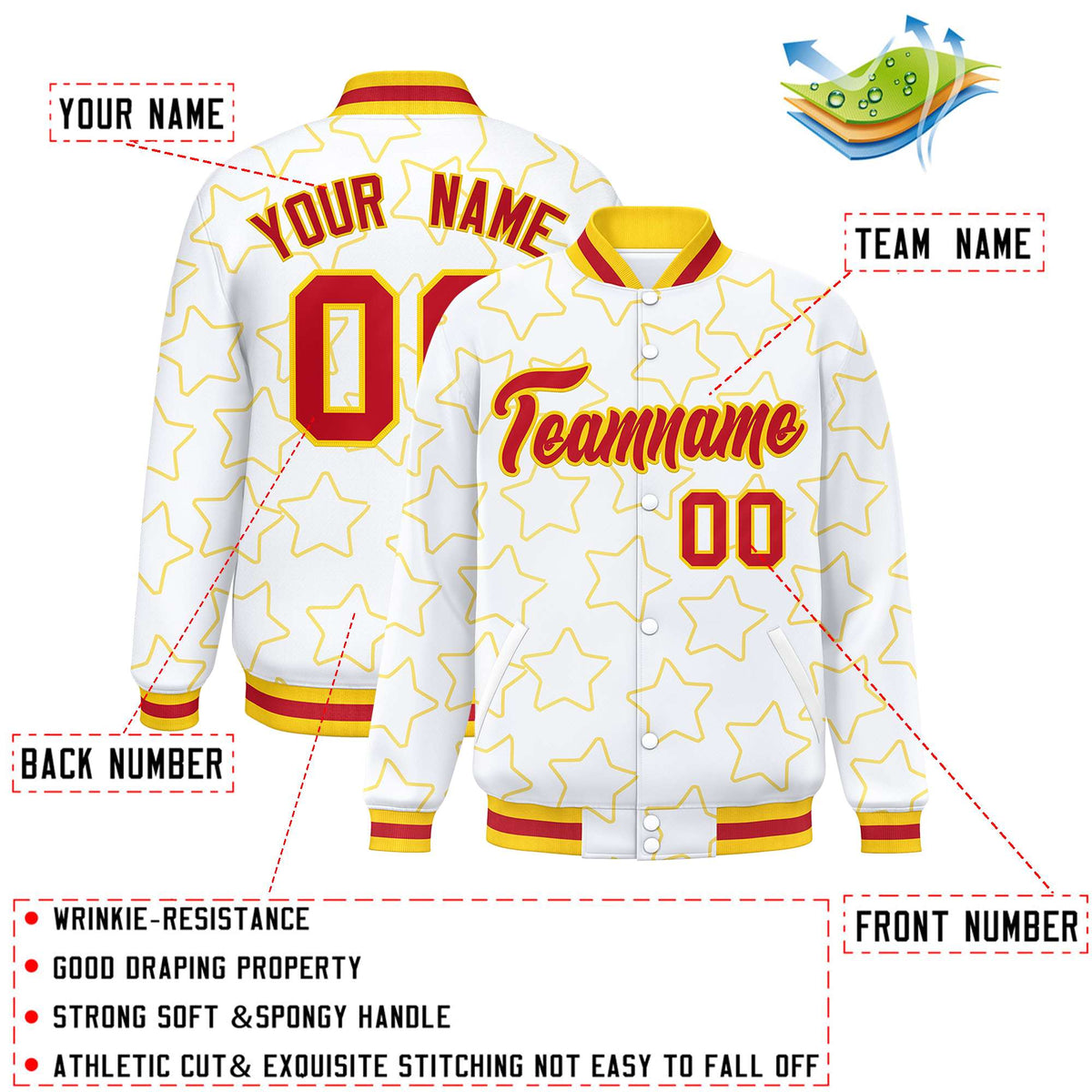 Custom White Gold Varsity Full-Snap Star Pattern Letterman Baseball Jacket