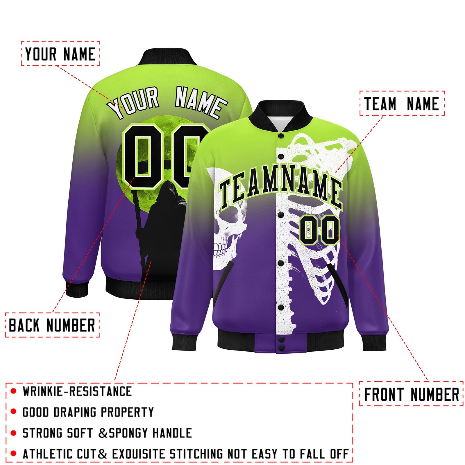 Custom Neon Green Purple Black skeleton Halloween Graffiti Pattern Moisture-Wicking Jacket| KXKSHOP