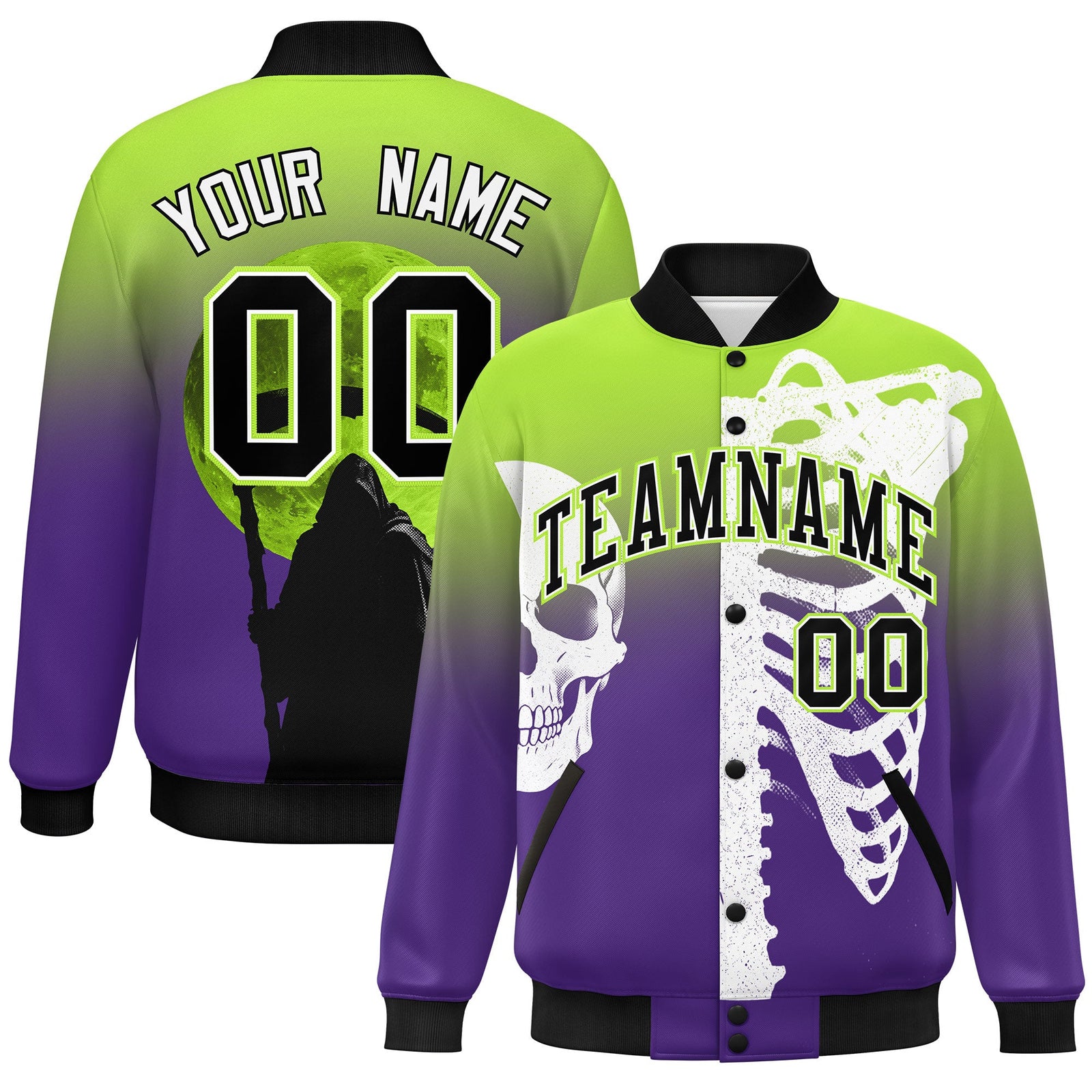 Custom Neon Green Purple Black skeleton Halloween Graffiti Pattern Moisture-Wicking Jacket| KXKSHOP