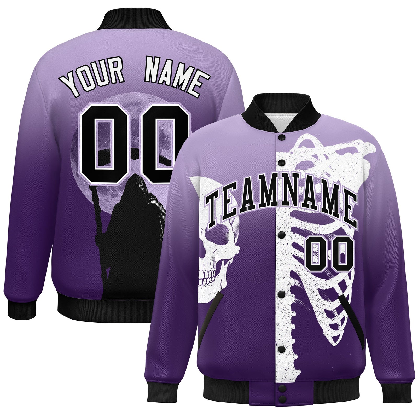 Custom Light Purple Purple Black skeleton Halloween Graffiti Pattern Stretch Fabric Jacket| KXKSHOP