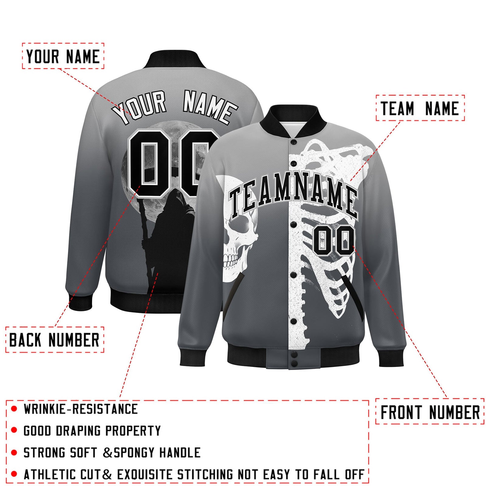 Custom Gray Dark Gray Black skeleton Halloween Graffiti Pattern Moisture-Wicking Jacket| KXKSHOP