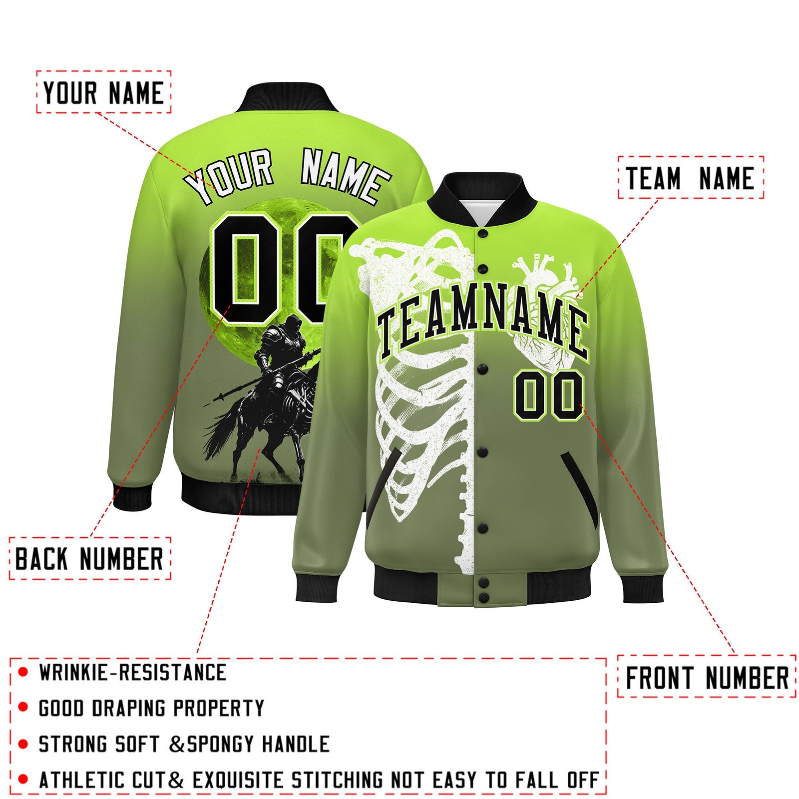 Custom Neon Green Black White skeleton Halloween Graffiti Pattern Moisture-Wicking Jacket| KXKSHOP