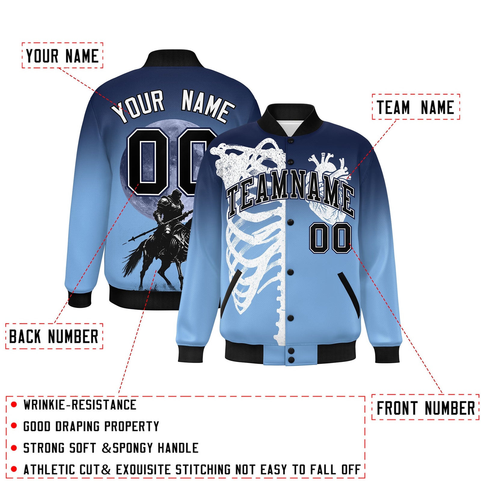 Custom Navy Light Blue Black skeleton Halloween Graffiti Pattern Moisture-Wicking Jacket| KXKSHOP